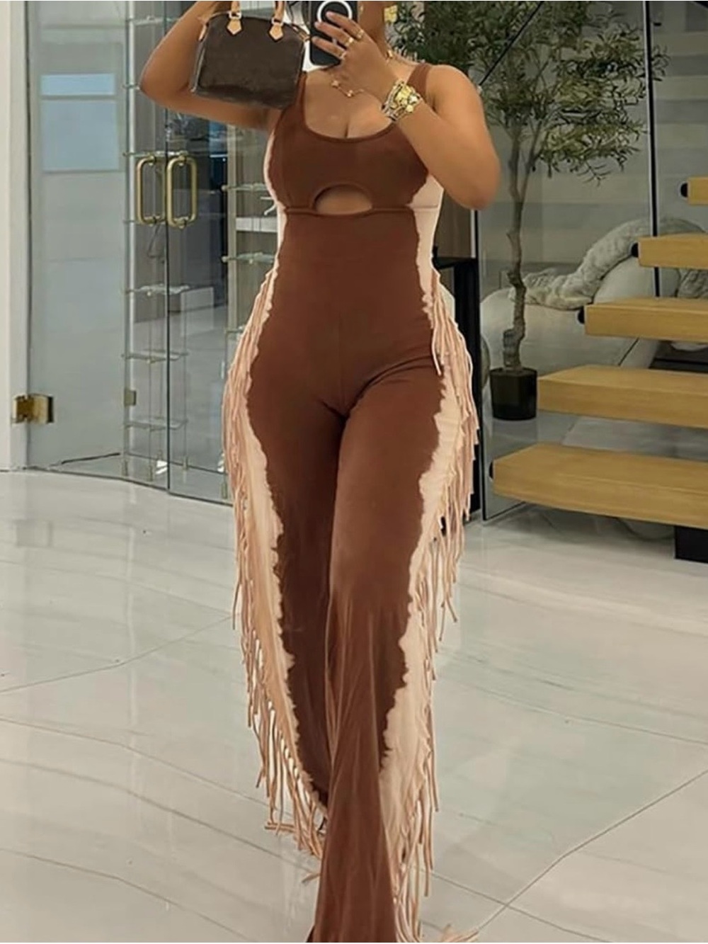 Women’s Brown Fringe Cutout Jumpsuit
